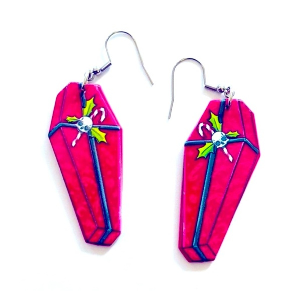 Red Coffin Holiday Acrylic Earrings, NWT